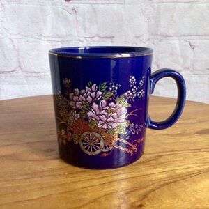 Vintage Cobalt Blue Porcelain Mug with Floral Design - Japan